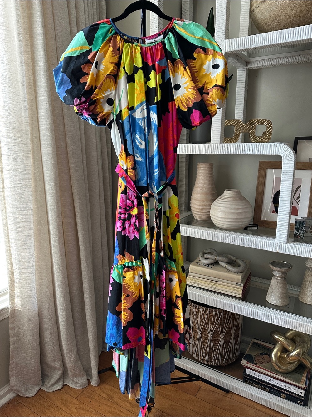 High-Low Floral Puff-Sleeve Dress in Multi